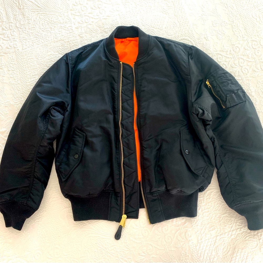 Alpha Industries MA-1 Bomber Jacket: Mens M Black and Orange